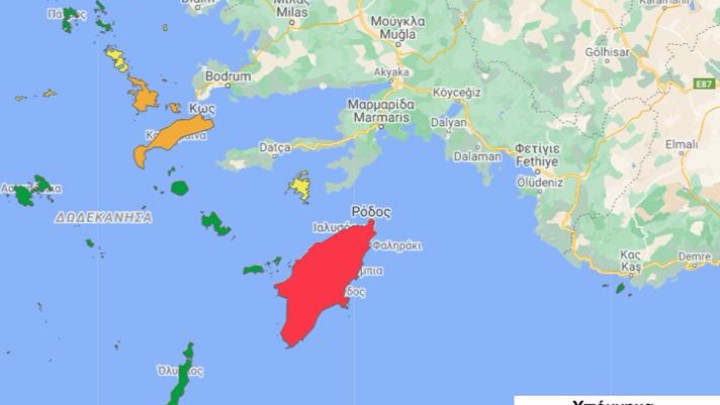 Στο κίτρινο η Λέρος, στο πορτοκαλί Κάλυμνος – Κως, στο «κόκκινο» η Ρόδος