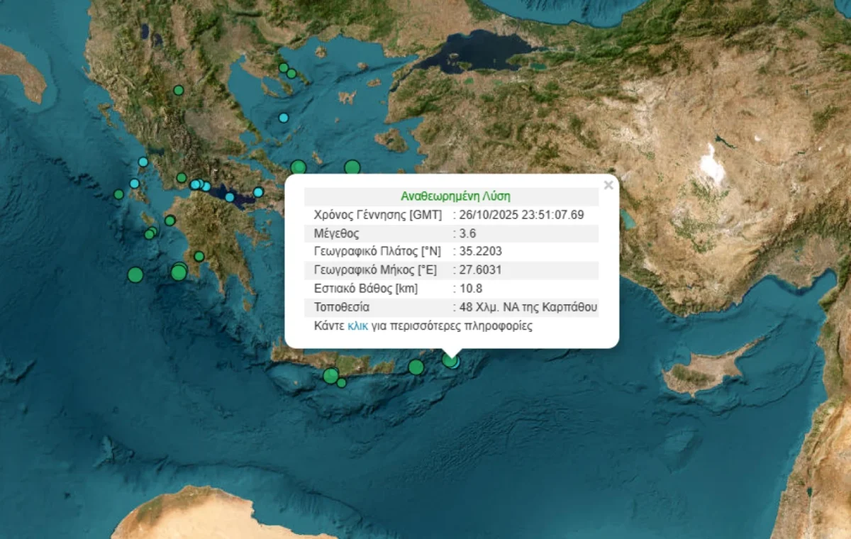 Σεισμός 3,6 Ρίχτερ στα ανοιχτά της Καρπάθου